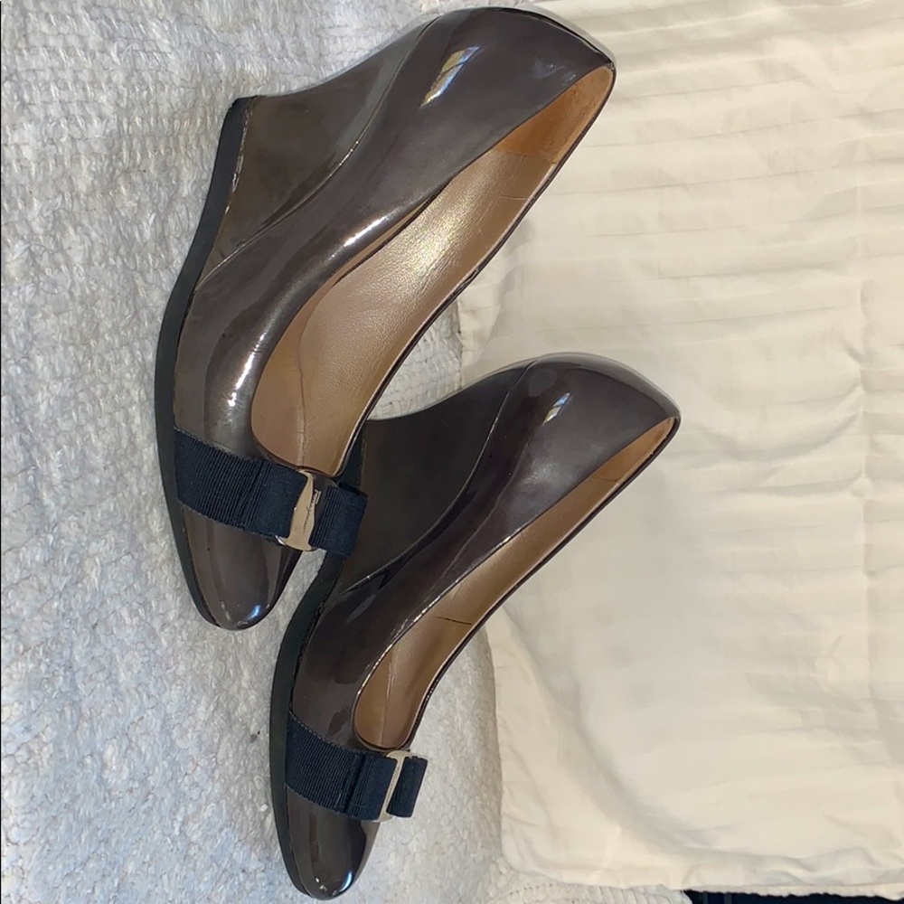 Salvatore Ferragamo Olive Green Patent Wedges